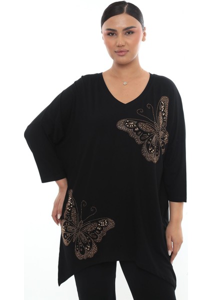 Kelebek Desen Taşlı V Yaka Viskon modelleri