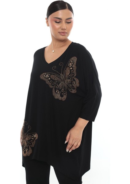 Kelebek Desen Taşlı V Yaka Viskon fırsatları