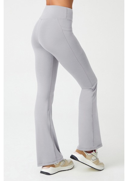 Kadın Gri Yüksek Bel Toparlayıcı Çift Cepli Ispanyol Paça Tayt Bootcut