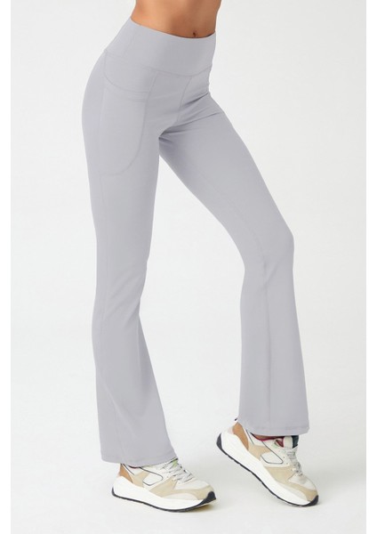 Kadın Gri Yüksek Bel Toparlayıcı Çift Cepli Ispanyol Paça Tayt Bootcut