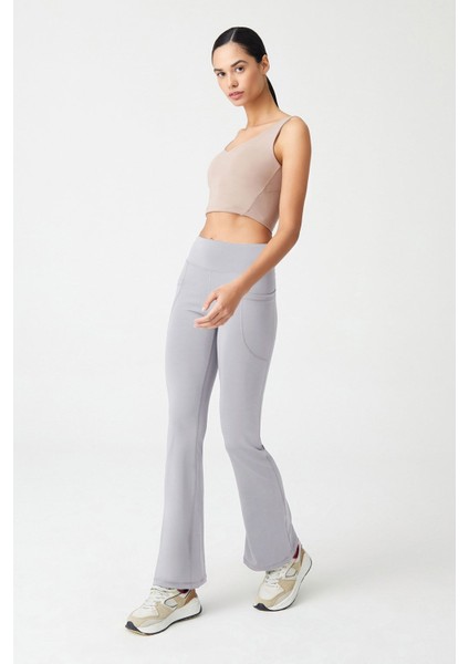 Kadın Gri Yüksek Bel Toparlayıcı Çift Cepli Ispanyol Paça Tayt Bootcut
