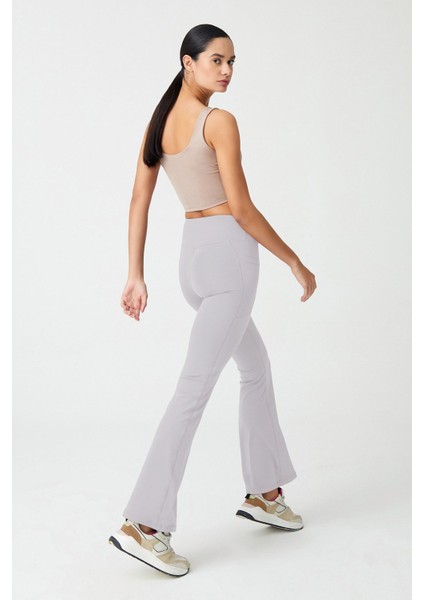 Kadın Gri Yüksek Bel Toparlayıcı Çift Cepli Ispanyol Paça Tayt Bootcut