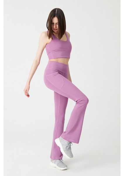 Kadın Lavanta Yüksek Bel Toparlayıcı Çift Cepli Ispanyol Paça Tayt Bootcut