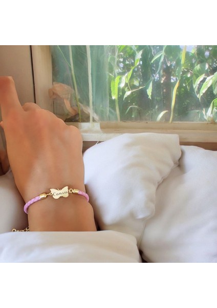 14 Ayar Altın Plakalı Cansu Ismine Özel Doğal Pembe Derili Kelebek Motifli Hediye BILEKLIK-429ISIM