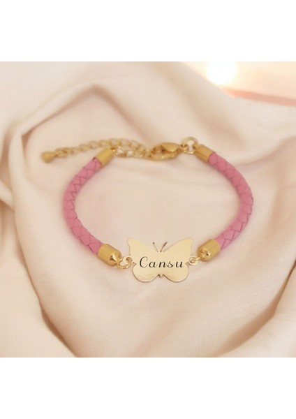 14 Ayar Altın Plakalı Cansu Ismine Özel Doğal Pembe Derili Kelebek Motifli Hediye BILEKLIK-429ISIM fiyatları