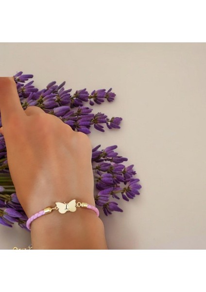 Altın Plakalı 14 Ayar L Harfine Özel Doğal Pembe Derili Kelebek Motifli Hediye BILEKLIK-429HARF