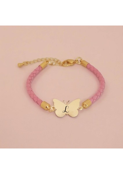 Altın Plakalı 14 Ayar L Harfine Özel Doğal Pembe Derili Kelebek Motifli Hediye BILEKLIK-429HARF fiyatları