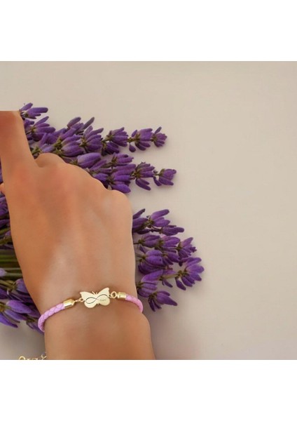 14 Ayar Plakalı Altın Sonsuz Aşk Temalı Doğal Pembe Derili Kelebek Motifli Hediye BILEKLIK-429SEMBOL