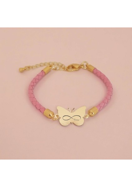 14 Ayar Plakalı Altın Sonsuz Aşk Temalı Doğal Pembe Derili Kelebek Motifli Hediye BILEKLIK-429SEMBOL fiyatları