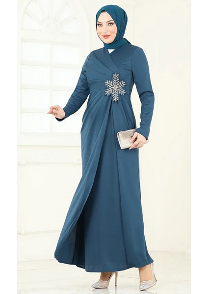 Taşlı Tesettür Abiye Anvelop Kapa Krep Elbise 2792