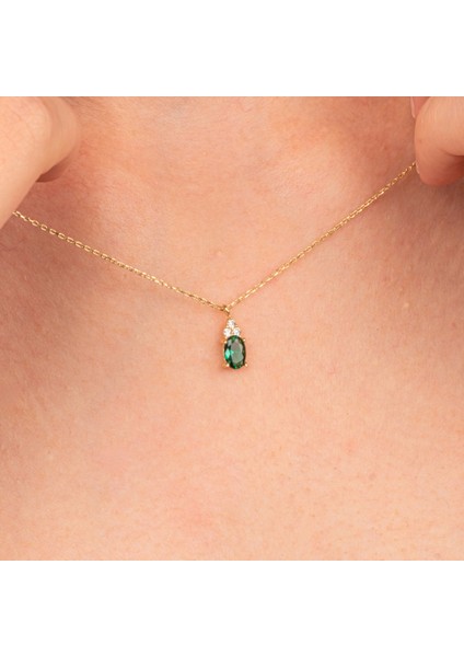 Altın Kolye - Zümrüt Oval Taşlı 14 Ayar Altın Kolye