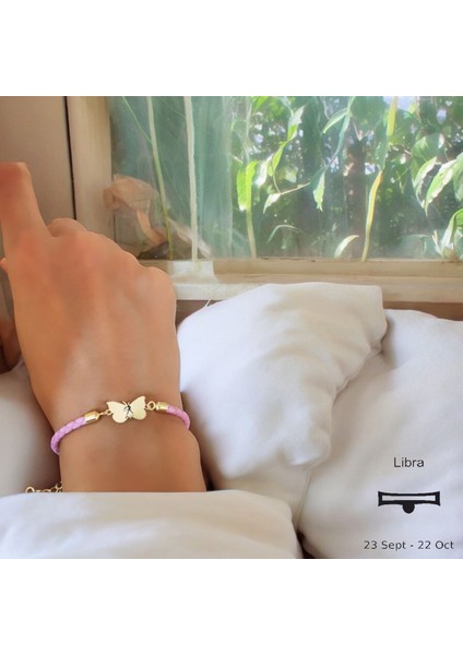 Altın Plakalı 14 Ayar Terazi Burçlarına Doğal Pembe Derili Kelebek Motifli Hediye BILEKLIK-429BURÇ
