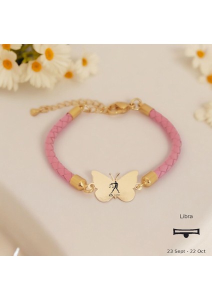 Altın Plakalı 14 Ayar Terazi Burçlarına Doğal Pembe Derili Kelebek Motifli Hediye BILEKLIK-429BURÇ fiyatları
