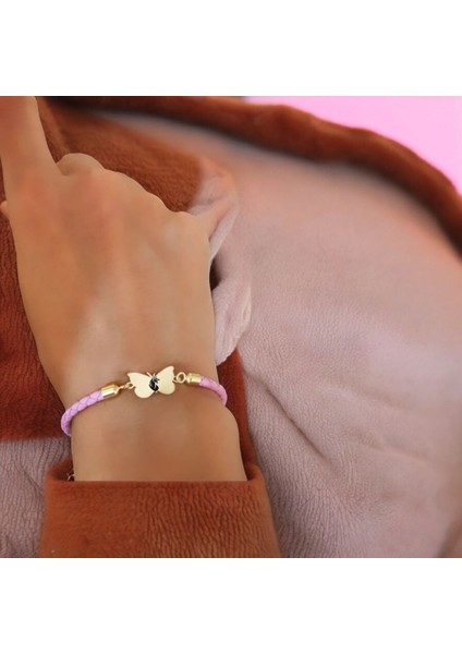 14 Ayar Plakalı Altın Aslan Temalı Doğal Pembe Derili Kelebek Motifli Hediye BILEKLIK-429SEMBOL