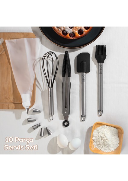 3162 10 Parça Pasta ve Tatlı Servis Seti Kek Pasta ve Şekillendirici Duy Seti Siyah