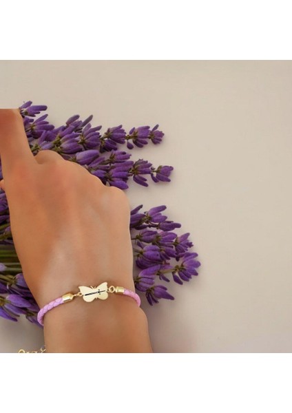 14 Ayar Altın Plakalı Kılıç Temalı Kelebek Motifli Doğal Pembe Derili Hediye BILEKLIK-429SEMBOL