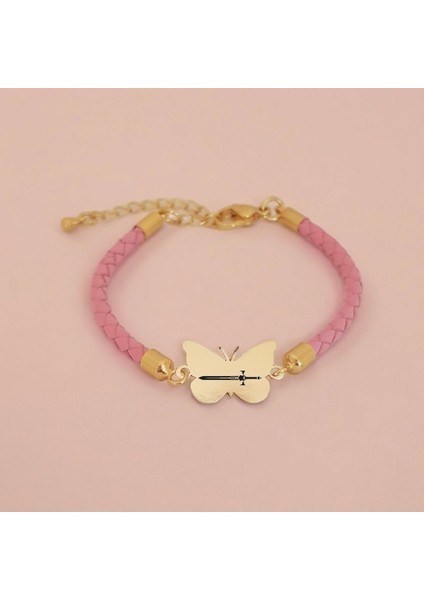 14 Ayar Altın Plakalı Kılıç Temalı Kelebek Motifli Doğal Pembe Derili Hediye BILEKLIK-429SEMBOL fiyatları