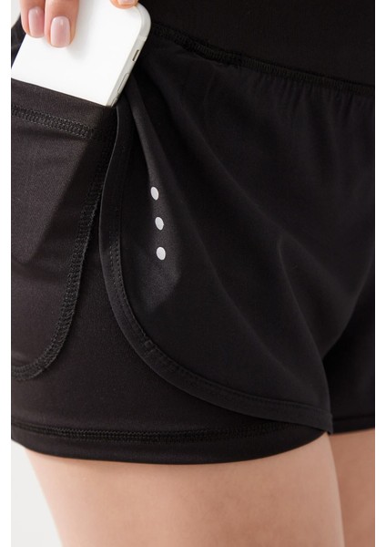 Kadın Siyah 2 Katmanlı Spor Şort - Şortlu Tayt 2in1