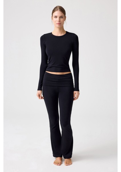 x Melodi Siyah Uzun Kollu Kısa Bluz Long Fitted