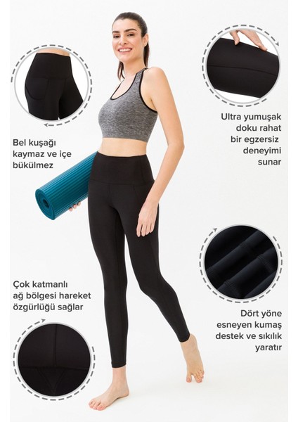 Kadın Siyah Yüksek Bel Çift Cepli Toparlayıcı Spor Tayt