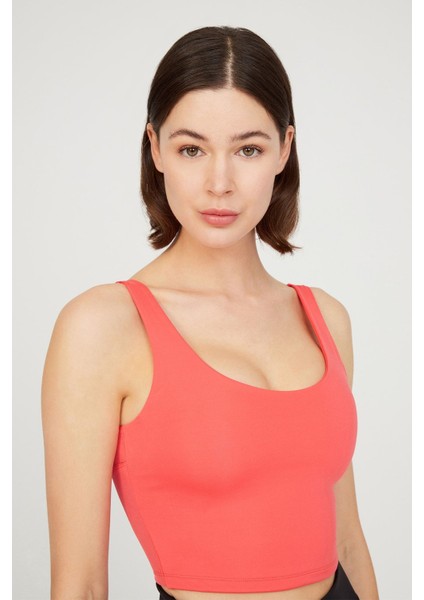 Mercan Hafif Destekli Sırt Detaylı Kaplı Crop Top Spor Büstiyer