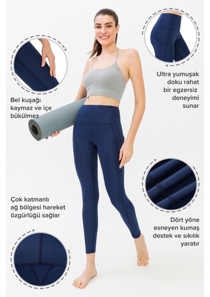 Kadın Lacivert Yüksek Bel Çift Cepli Toparlayıcı Spor Tayt