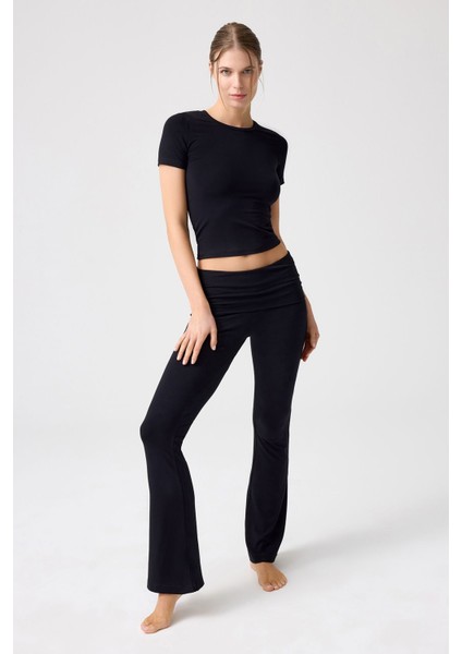 x Melodi Siyah Ispanyol Paça Jarse Pantolon Flared