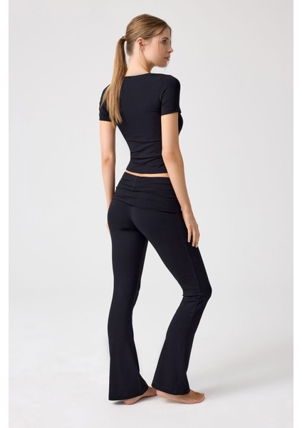 x Melodi Siyah Ispanyol Paça Jarse Pantolon Flared