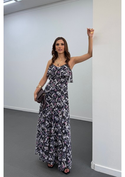 Amire Siyah Desenli Askılı Maxi Elbise