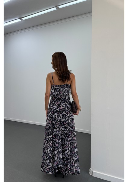 Amire Siyah Desenli Askılı Maxi Elbise modelleri