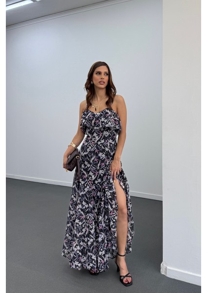 Amire Siyah Desenli Askılı Maxi Elbise fırsatları