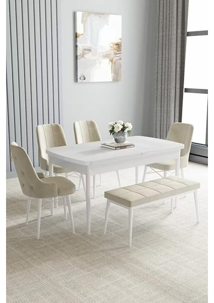 Loft Beyaz 80X132 Açılabilir Mdf Masa Yemek Odası Takımı, Mutfak Takımı 4 Sandalye, 1 Bench
