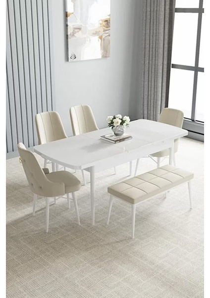 Loft Beyaz 80X132 Açılabilir Mdf Masa Yemek Odası Takımı, Mutfak Takımı 4 Sandalye, 1 Bench fiyatları