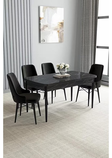 Loft Siyah Mermer 80X132 Açılabilir Mdf Masa Yemek Odası Takımı, Mutfak Takımı 4 Adet Sandalye