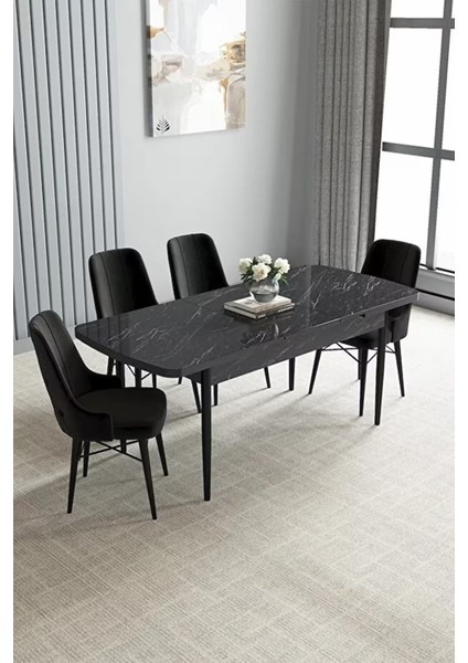Loft Siyah Mermer 80X132 Açılabilir Mdf Masa Yemek Odası Takımı, Mutfak Takımı 4 Adet Sandalye fiyatları