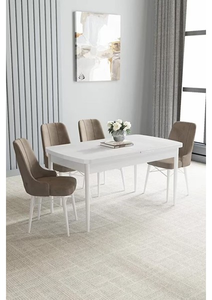 Loft Beyaz 80X132 Açılabilir Mdf Masa Yemek Odası Takımı, Mutfak Takımı 4 Adet Sandalye