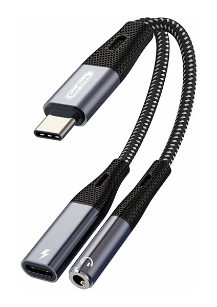 Go Des GD-UC162 3.5mm Jack Girişli Type-C 2in1 Şarj ve Ses Kablosu Siyah