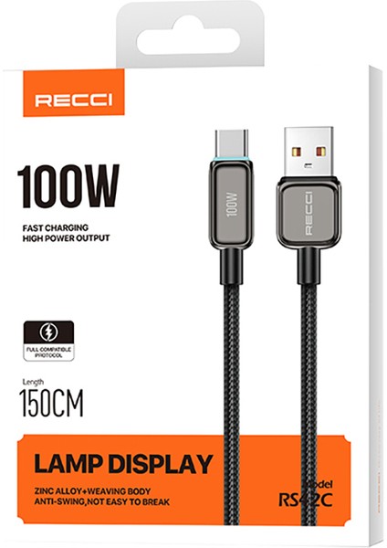 RS42C Lamp Display Serisi Type-C USB 100W Hızlı Şarj Özellikli Data ve Şarj Kablosu 1.5m Siyah indirimleri