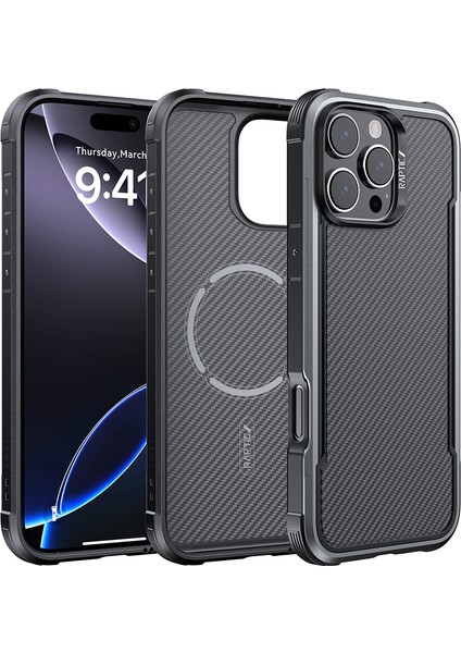 iPhone 16 Pro Max Kılıf M-Safe Uyumlu Airbagli Raptic Apex Serisi Karbon Fiber Tasarımlı Kapak Siyah modelleri