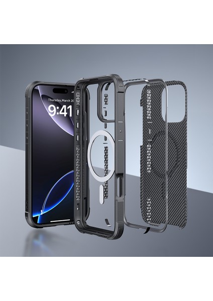 iPhone 16 Pro Max Kılıf M-Safe Uyumlu Airbagli Raptic Apex Serisi Karbon Fiber Tasarımlı Kapak Siyah