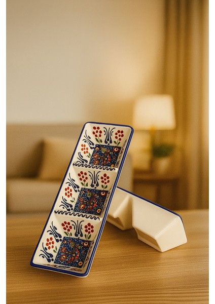 El Yapımı 3 Bölmeli Seramik Sunum Tabağı – Çini Desenli Renkli Meze & Atıştırmalık Tabağı Çerezlik Hediyelik