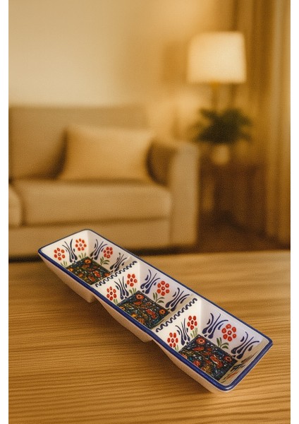 El Yapımı 3 Bölmeli Seramik Sunum Tabağı – Çini Desenli Renkli Meze & Atıştırmalık Tabağı Çerezlik Hediyelik fiyatları