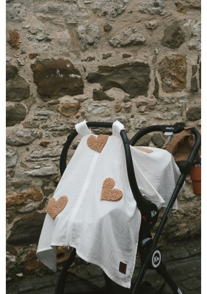 Teddy Kahve Kalp Fermuarlı 2 Kat Müslin Puset Örtüsü