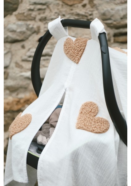 Teddy Kahve Kalp Fermuarlı 2 Kat Müslin Puset Örtüsü modelleri