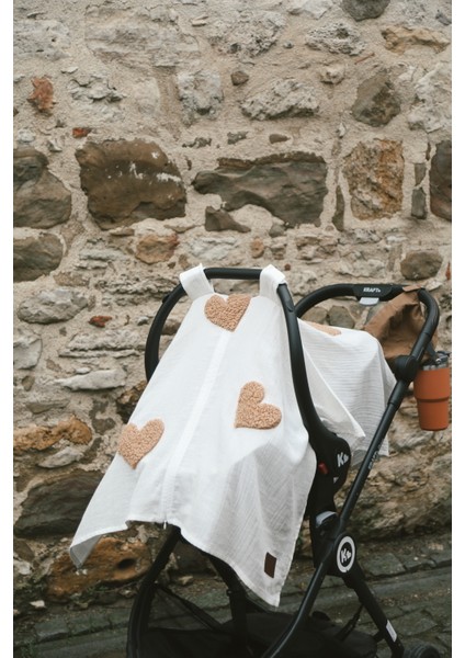 Teddy Kahve Kalp Fermuarlı 2 Kat Müslin Puset Örtüsü