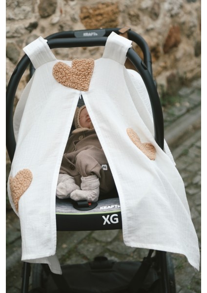 Teddy Kahve Kalp Fermuarlı 2 Kat Müslin Puset Örtüsü