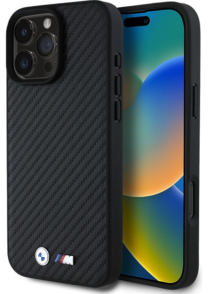 iPhone 16 Pro Max Uyumlu Kılıf Bmw Lisanslı Karbon Fiber ve Metal Logolu Pu Deri Kapak Siyah