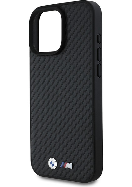 iPhone 16 Pro Max Uyumlu Kılıf Bmw Lisanslı Karbon Fiber ve Metal Logolu Pu Deri Kapak Siyah