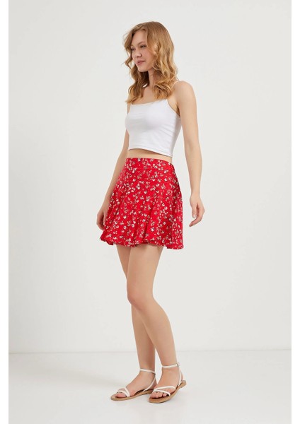 Desenli Beli Lastikli % 100 Pamuk Viskon Kısa Şort Etek