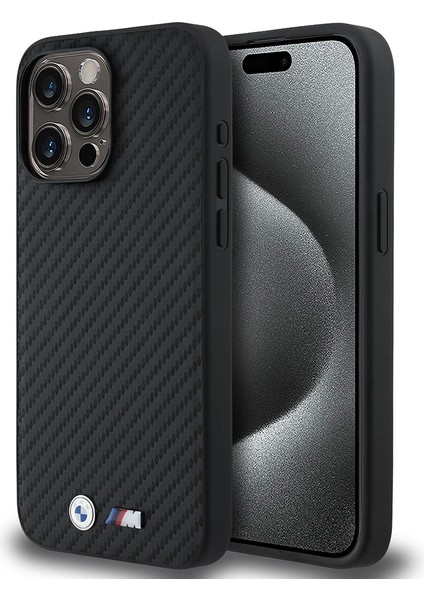 iPhone 15 Pro Max Uyumlu Kılıf Bmw Lisanslı Karbon Fiber ve Metal Logolu Pu Deri Kapak Siyah